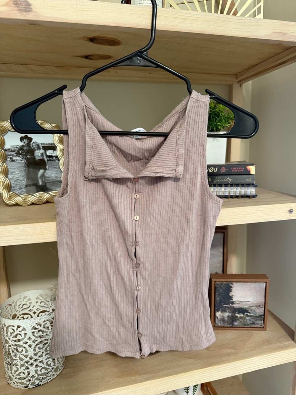 Pink Rose Ribbed Button-Front Tank Top in Dusty Mauve